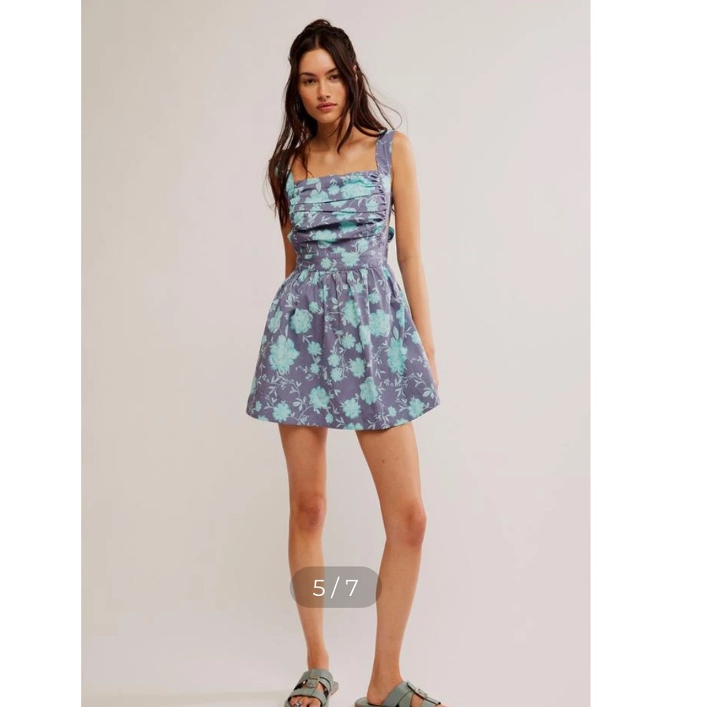 Free People Floral Square-Neck Dress in Lavender and Mint